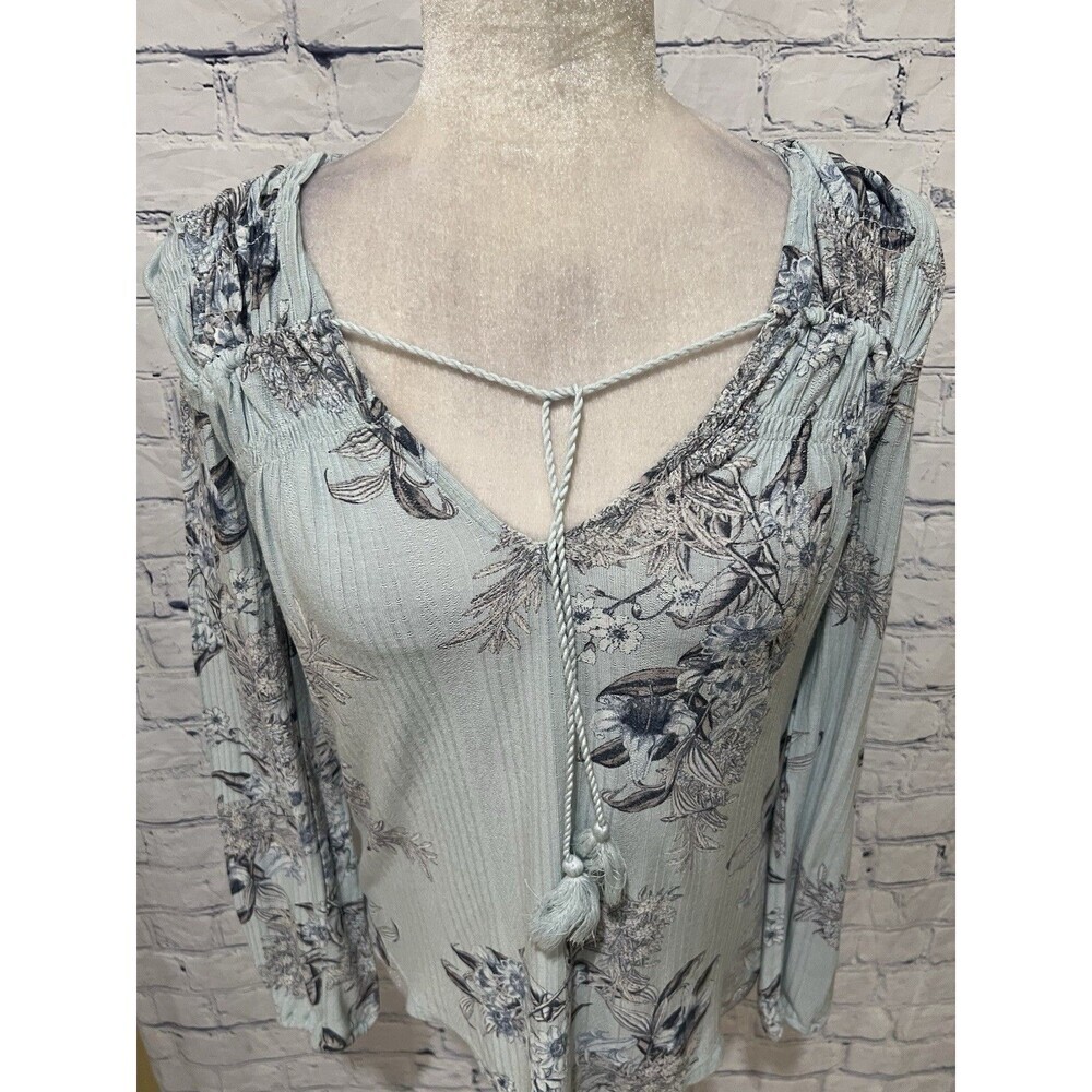Lucky brand blue floral long sleeve tie neck long sleeve top blouse Small - Picture 2 of 9